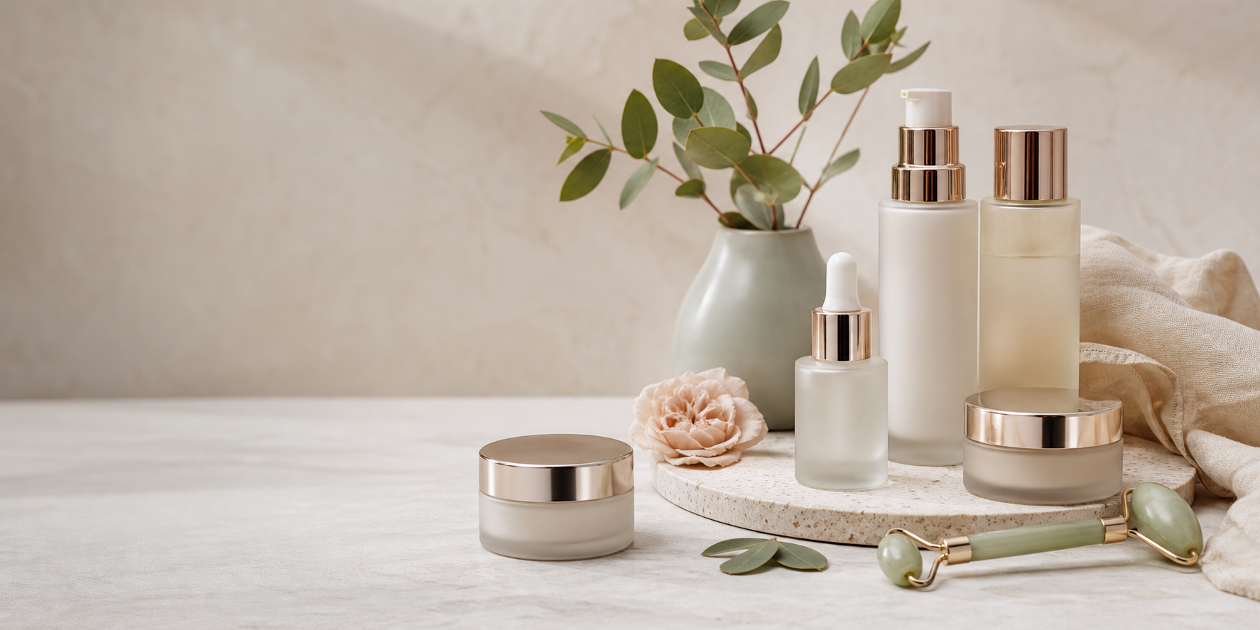 Premium beauty products on a clean studio surface